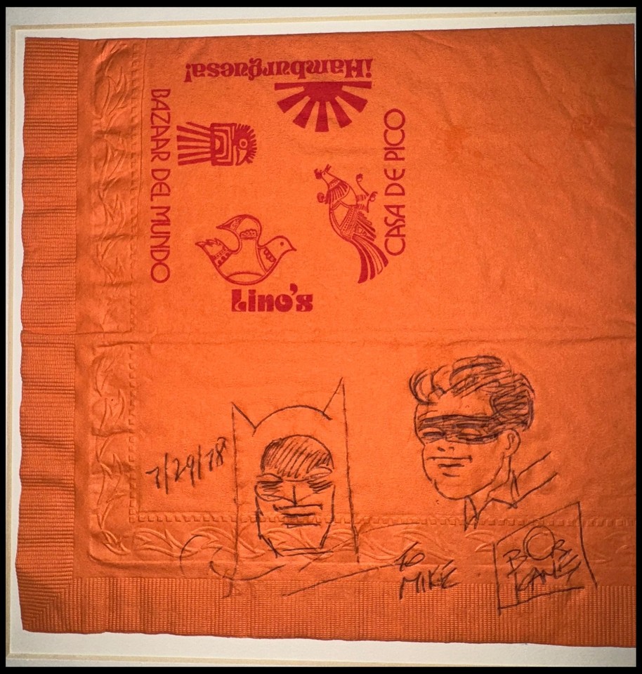 Batman and Robin head shots original artwork by Bob Kane on Case de Pico napkin Comic Art