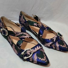 J. Crew Metallic Floral Brocade Crystal Pointed Toe Mary Jane Flats Blue Pink 9
