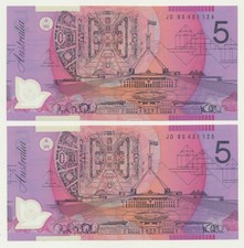 Australia: 1995 $5 Fraser-Evans Narrow Orientation Banks Consec Pair UNC CV$150