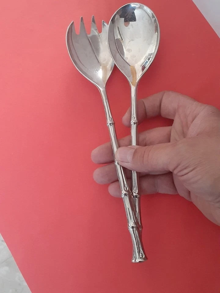 Vintage Made in Italy Bamboo Style Salad Servers Spoon Fork EP Zinc Silver Tone