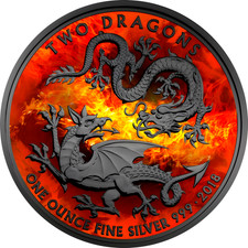 Two Dragons Burning 1 Oz Silver Coin BU 2018 Black Ruthenium GB 2018