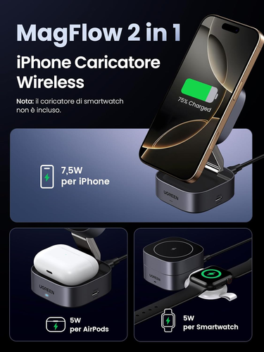 UGREEN Magflow Caricatore Wireless, Stazione Di Ricarica 2 in 1 per Cuffie, Cari - Zdjęcie 2 z 12