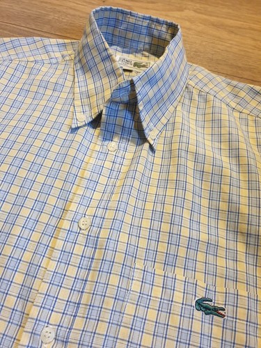 Lacoste Chemise Shirt Mens Medium M Large Yellow Blue Check Cross Logo VTG  - Afbeelding 1 van 7