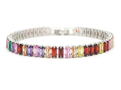 Tennis bracelet smooth comfort fit, sparkling different colored baguette gems