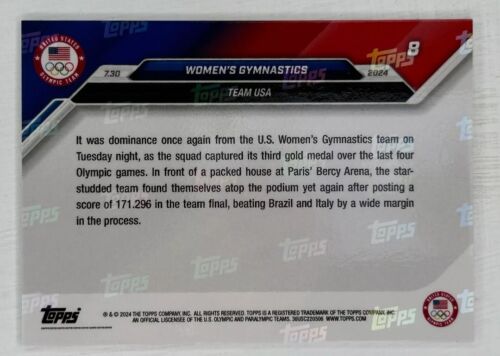 Women's Gymnastics Team USA 2024 Olympic Games TOPPS NOW Card 8 In Hand - Picture 2 of 3