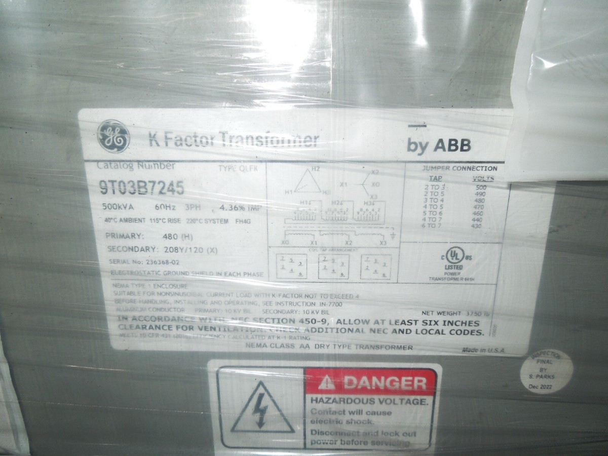 GE by ABB 9T03B7245 500KVA 480-208Y/120V 3PH Dry Type Transformer