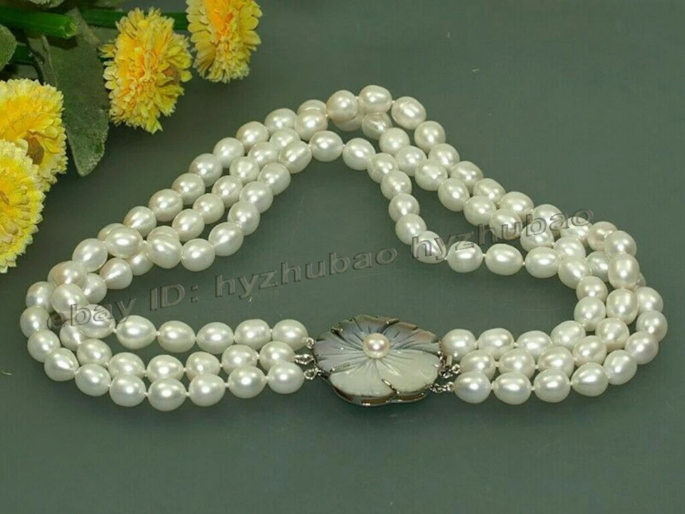 Collar de 3 filas de 7-8 mm blanco arroz perlas de agua dulce concha flor broche 17-19" Foto 3 de 3