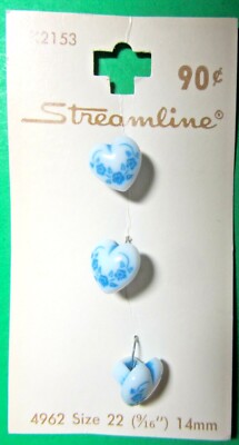 (3) STREAMLINE 3/8'' BLUE FLORAL WHITE PLASTIC HEART-SHAPE SHANK BUTTONS-J930