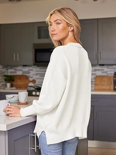 Women's White Oversized Crewneck Batwing Sleeve Pullover Sweater Size Small - Picture 5 of 5