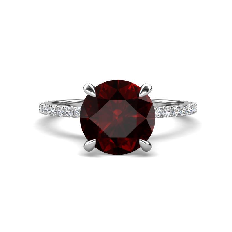 Red Garnet with side Lab Grown Diamond Hidden Halo Engagement ring