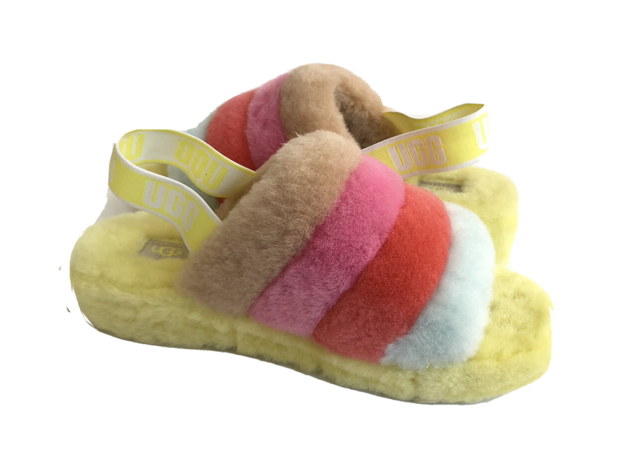 PANTOFOLA D’ORO UGG FLUFF YEAH SUNDAE SLIDE GIALLO MULTI MOCASSINO SANDALO US 9 EU 40 UK 7