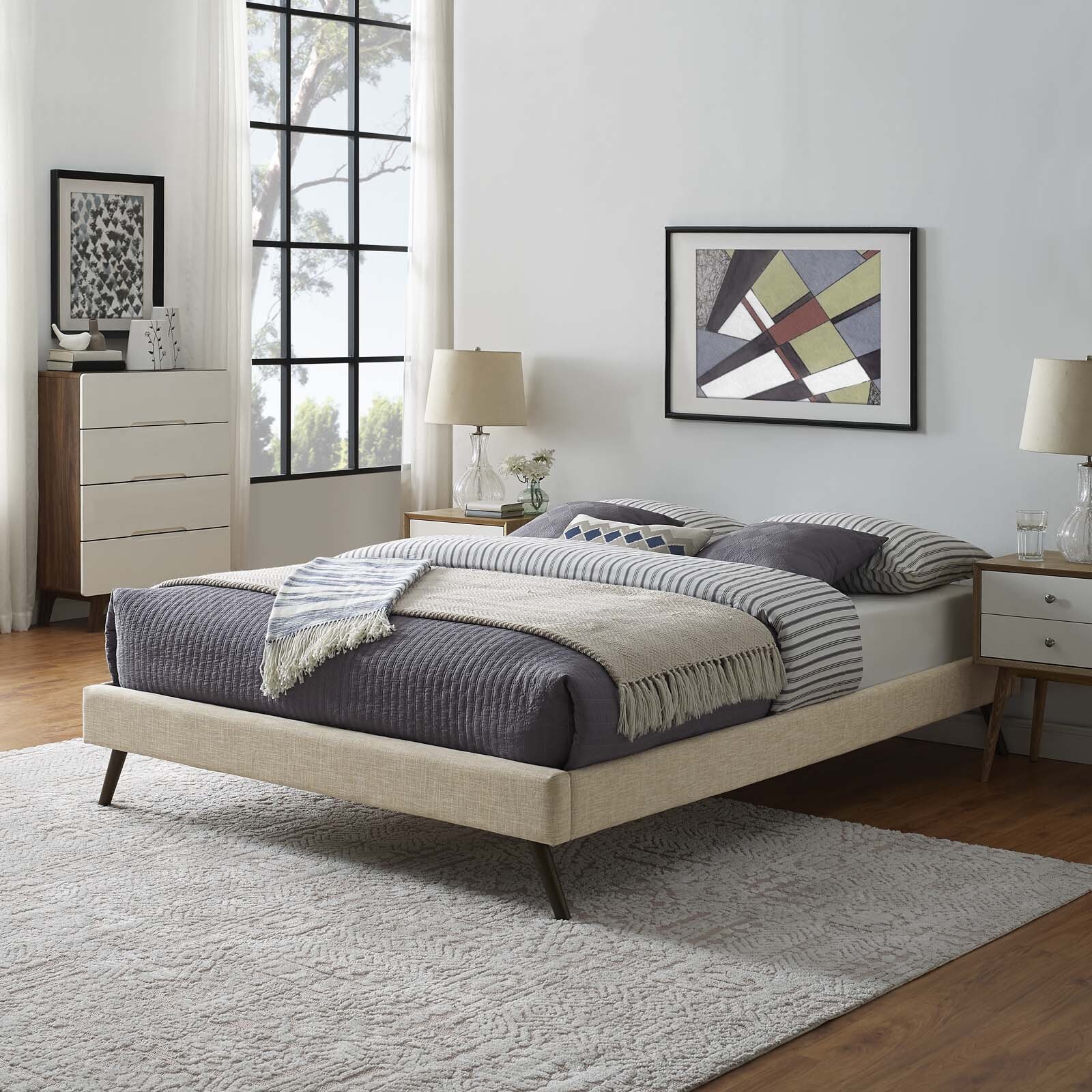 Mid-Century Modern Fabric Upholstered Queen Platform Bed Frame w/ Slats in Beige