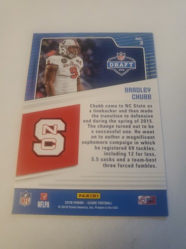 2018 Score NFL Draft Bradley Chubb #3 Rookie RC - Picture 2 of 2