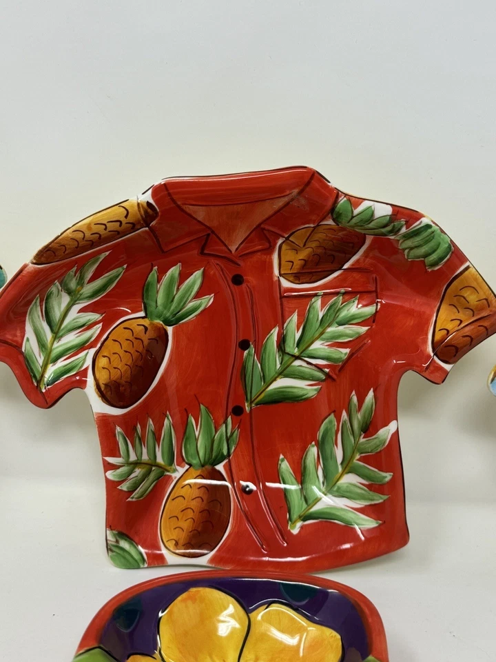 Clay Art Handpainted Tropical 4 Piece Dip Bowls Set 3 shirts 1 flip flop EUC HTF - Image 3 of 4