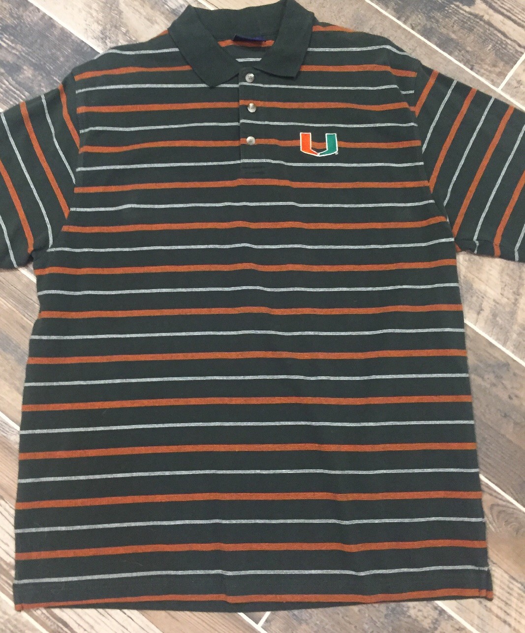 Men's-University of Miami Vantage apparel POLO shirt Stripes XL Green Orange