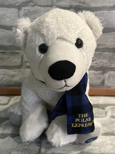Polar Express White BEAR Stuffed Animal Plush Blue plaid Scarf Teddy christmas - Picture 4 of 22