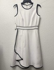 EUC Calvin Klein White Dress with Black Piping Trim Fit N Flare Sleeveless 6