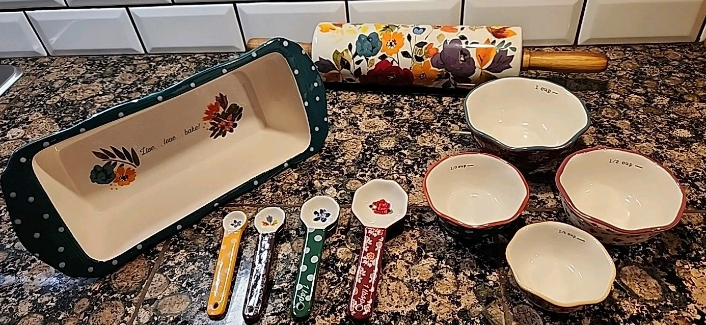 Pioneer Woman Harvest Bakeware Set Of 10 Rolling Pin Loaf Pan Measuring Cups+