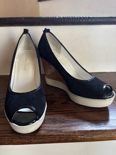 Donald J Pliner Heels Womens 6 1/2 M Carli Peep Toe Wedge Cork Pumps Black White