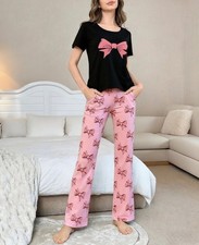 Women Lounge Pajama Set Short Sleeve Top & Long Pants Bow Pattern SleepwearS~XXL