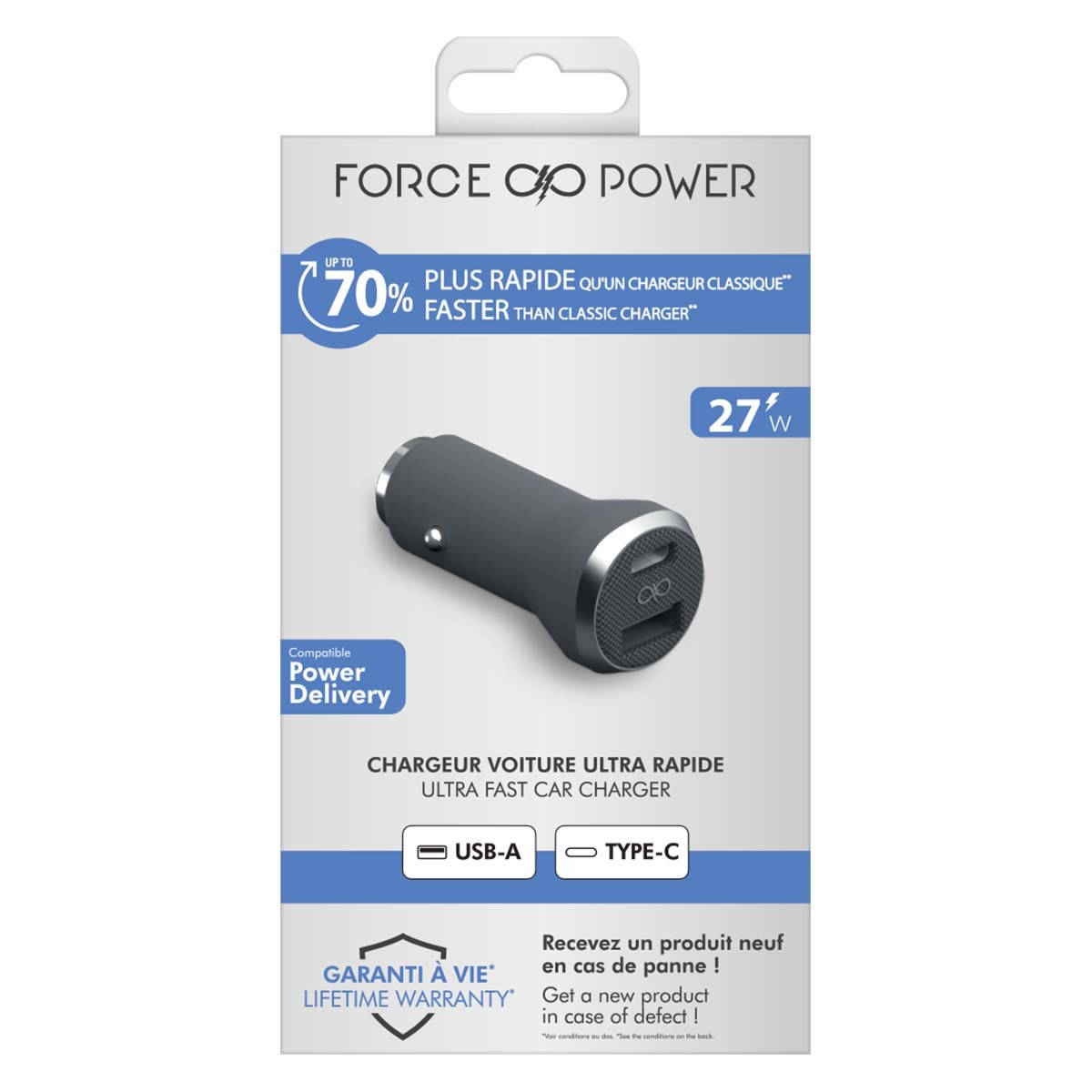 Chargeur auto Force Power 37W avec Power Delivery rapide