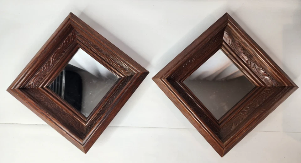 "2 espejos cuadrados de madera tallados vintage de pared de galería retro núcleo de cabaña boho 8""" Foto 2 de 4