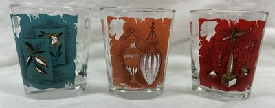 Libbey Pharmacy Glasses Set Of 3 Blue Red Orange 4'' Vtg 12 oz Lowball