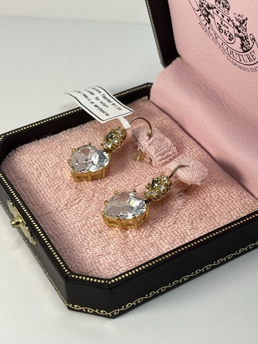VTG Juicy Couture Gold Plated Faceted Heart Drop Dangle CZ Earrings New in Box - Picture 3 of 10