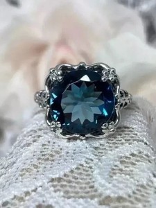 Art Deco 2Ct Round Cut London Blue Topaz Ring 14K White Gold Plated