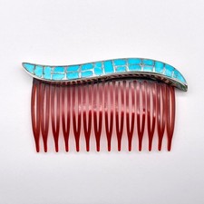 Vintage Zuni Native Turquoise Inlay Silver Hair Comb
