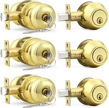 Probrico Polished Brass Entry Door Knob Lock Set and 3 Pack, 