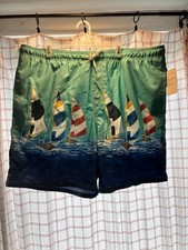 Old Navy XXL Turquoise Nautical Swim Trunks Drawstring Lined Sailboat Print Men