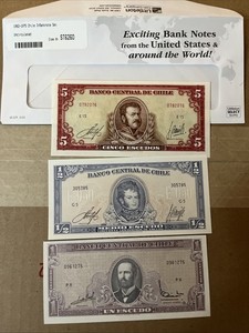 Chile 3 Uncirculated Banknotes!  1/2, 1, 5.  Littleton. 1962-1975