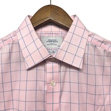 Charles Tyrwhitt Mens 17/34 Pink Blue Windowpane Non Iron Slim Fit Dress Shirt