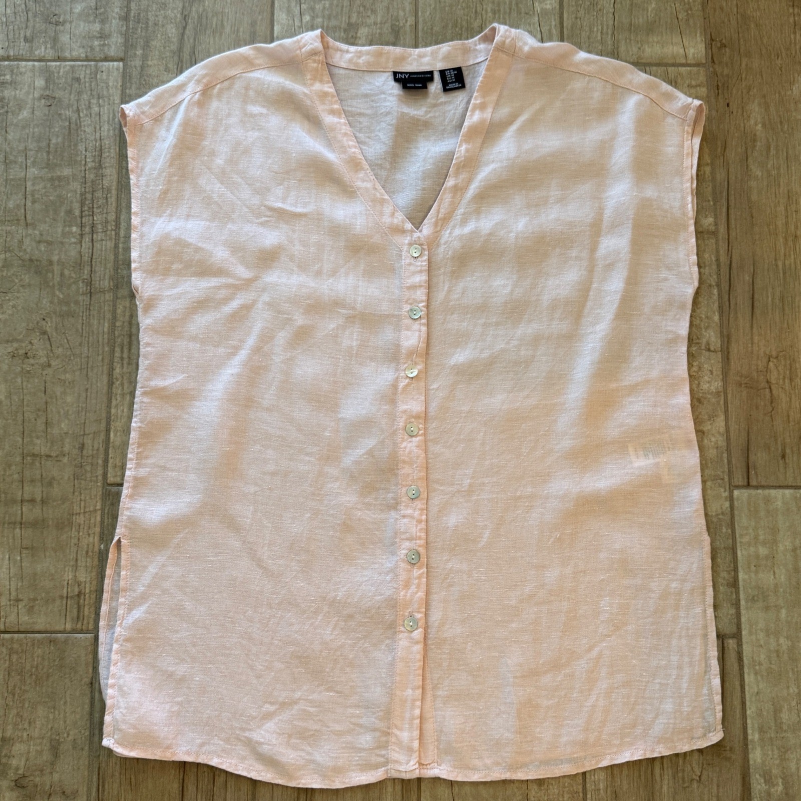 Jones New York JNY Pink 100% Linen Button Up Cap Sleeve V-Neck Blouse Top Size M