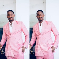 Men Suits Wedding Groom Tuxedos Pink Peak Lapel Double Breasted Blazer Pant