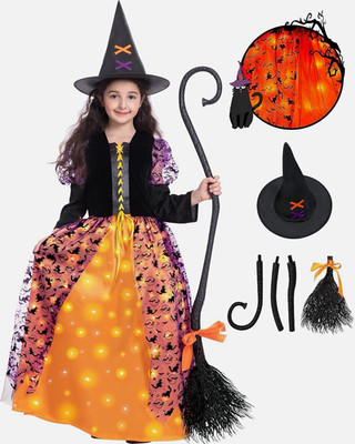 Girls Witch Costume Set LED Light Up Dress, Hat & Detachable Broom Only Small