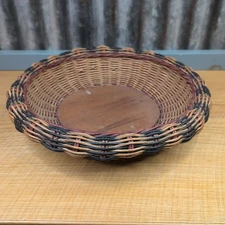 Vtg Round Woven Decorative Basket Tray Wicker Black Stripes Wood Base Low 3x15"
