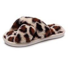 Women's Fuzzy Fluffy Furry Fur Slippers Flip Flop Open 10-10.5 Beige/Leopard
