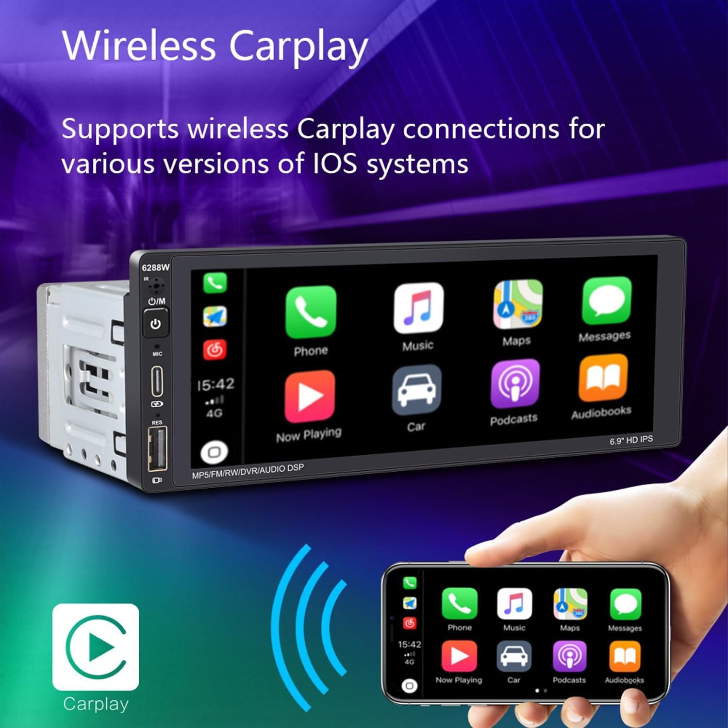 Autoradio 1 Din con Wireless CarPlay Android Auto 6.9" Touch Screen Bluetooth Au - Miniatura 4