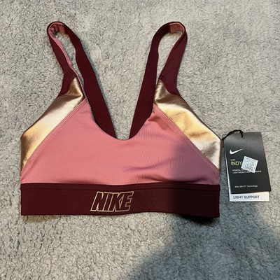 NIKE Pink Gold Pro Indy Logo Sports Bra Active Workout Gym Dri-Fit Top Size XS