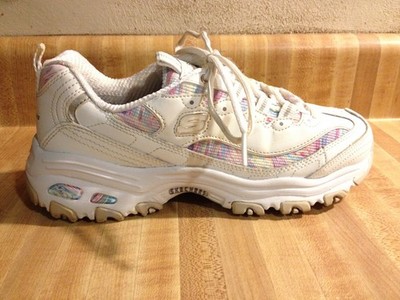 Skechers Womens 8M D'Lites Whimsical White Pink Leather Low