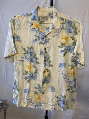 Thumbs Up Hawaiian Shirt Mens Medium Yellow Rayon Tropical Floral Print Vacation
