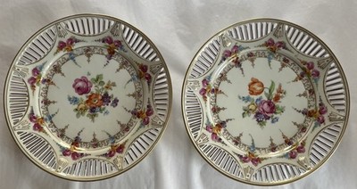 Schumann Bavaria Dresden Floral Piercing Porzellan Teller 24cm Gold Paar Vintage 