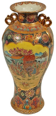 Vintage Chinese Satsuma Hand Painted Console Vase Vessel Flowers Geisha Gilt
