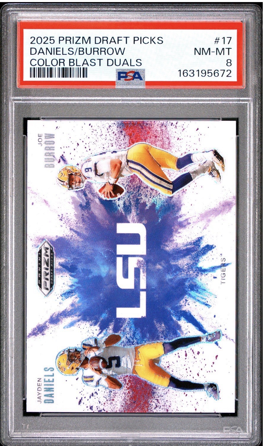 Jayden Daniels / Joe Burrow #17 Football Cards 2025 Panini Prizm Draft Picks Color Blast Dual trading card — raw and PSA graded price guide