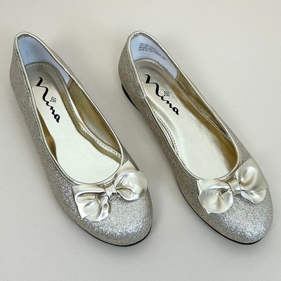 Nina Girl's Gold Metallic Leather Glitter Sparkle Bow Round Toe Flats SIZE 4