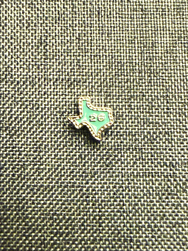 Green Texas State Outline Enamel Pinback Pin, Texas Outline with "26"