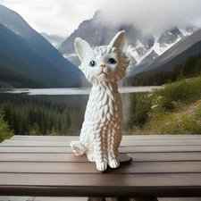 Vintage Ceramic Cat Sitting White Long Haired Cat LARGE 11” MCM