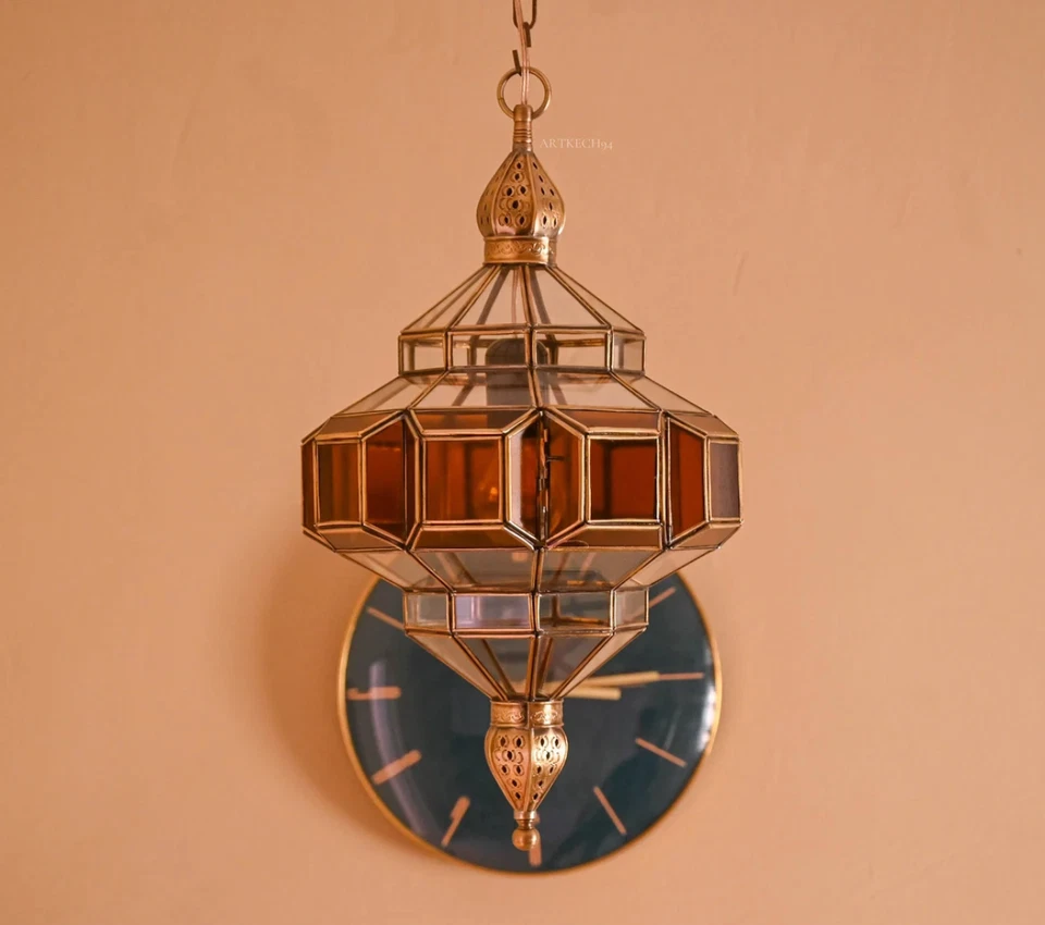 Handmade Moroccan Pendant Light : Glass & Brass Filigree Suspension Lamp - Image 4 of 4